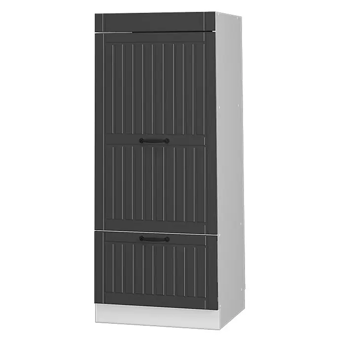 Vicco Schrankküche Fame-Line Anthrazit Landhaus - Anthrazit Landhaus, Mikrowellenschrank 60 cm (voll) - Hoher, schmaler, dunkelgrauer Aufbewahrungsschrank mit Lamellentüren und schwarzen Griffen, mit weißem Sockel und hellgrauen Seiten.