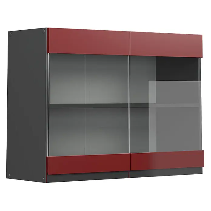 Vicco Schrankküche R-Line Rot J-Shape - Rot, Hängeglasschrank 80 cm grifflos - Modernes graues Sideboard mit roten Ober- und Unterblenden, klaren Glasschiebetüren und Innenregalen zur Aufbewahrung.