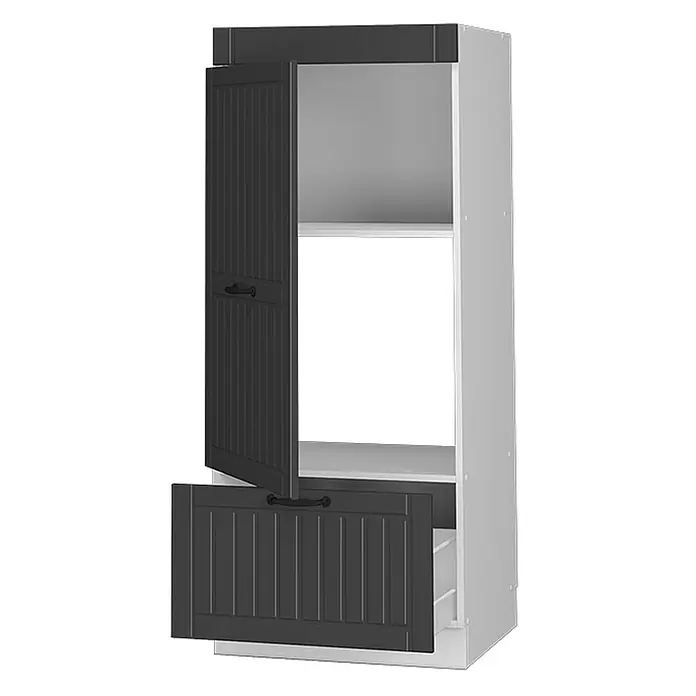 Vicco Schrankküche Fame-Line Anthrazit Landhaus - Anthrazit Landhaus, Mikrowellenschrank 60 cm (voll) - Hoher weißer Schrank mit dunkelgrauen Lamellentüren. Obere Tür offen, untere Tür zeigt eine Schublade.