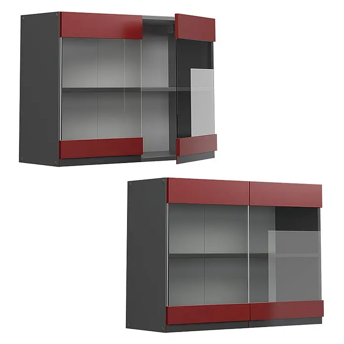 Vicco Schrankküche R-Line Rot J-Shape - Rot, Hängeglasschrank 80 cm grifflos - Dunkelgrauer Wandschrank mit roten Paneelen und Glastüren, offen und geschlossen gezeigt.
