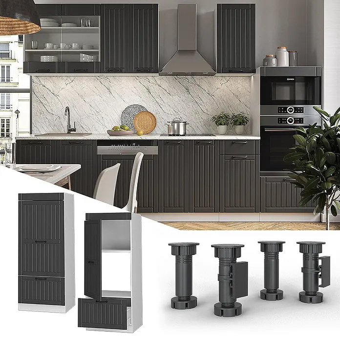 Vicco Schrankküche Fame-Line Anthrazit Landhaus - Anthrazit Landhaus, Mikrowellenschrank 60 cm (voll) - Dunkelgraue Lamellenküchenschränke, Unter-, Ober- und Hochschränke, mit verstellbaren schwarzen Füßen.