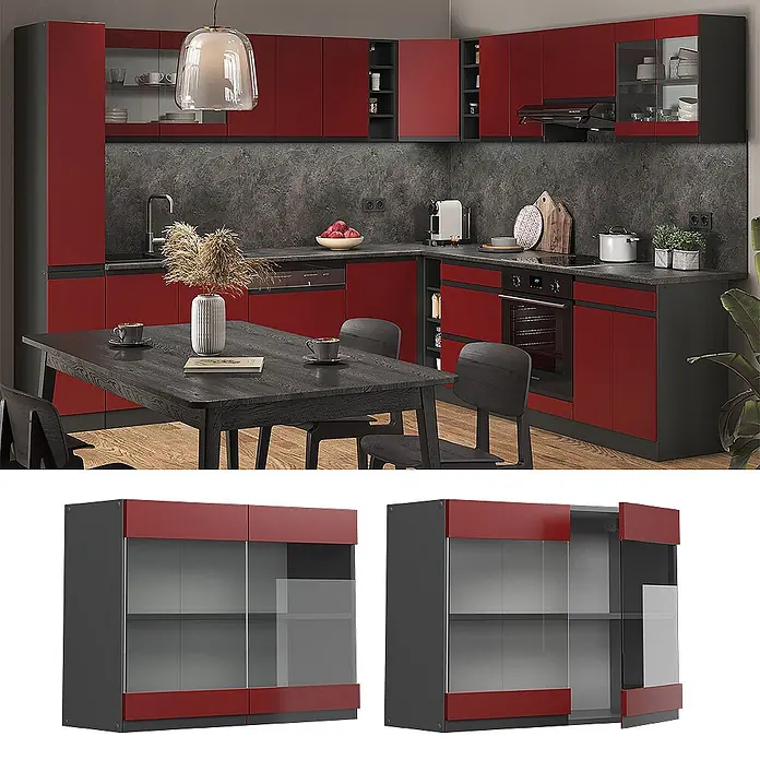 Vicco Schrankküche R-Line Rot J-Shape - Rot, Hängeglasschrank 80 cm grifflos - Roter und dunkelgrauer Hängeschrank mit Glastüren, ideal für die Küchenaufbewahrung.