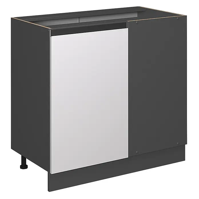 Vicco Schrankküche R-Line Weiß J-Shape, ohne Arbeitsplatte - Weiß, Eckunterschrank 86 cm grifflos - Dunkelgrauer Küchenunterschrank mit hellgrauer Türfront und Sockelleiste.