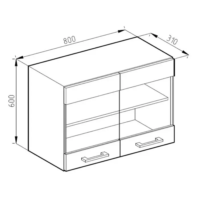 Vicco Schrankküche R-Line Weiß J-Shape - Weiß, Hängeglasschrank 80 cm grifflos - Wandschrank mit zwei Glastüren, zwei Schubladen und Regalböden, 800x600x310 mm.