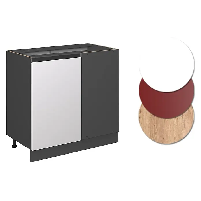 Vicco Schrankküche R-Line Weiß J-Shape, ohne Arbeitsplatte - Weiß, Eckunterschrank 86 cm grifflos - Dunkelgrauer Eckunterschrank mit weißer Front. Farbmuster zeigen Optionen in Weiß, Rot und heller Holzoptik.