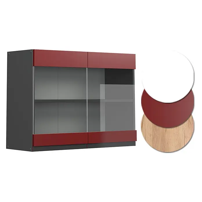 Vicco Schrankküche R-Line Rot J-Shape - Rot, Hängeglasschrank 80 cm grifflos - Anthrazitfarbener Schrank mit roten Ober-/Unterseiten und Glastüren, dazu weiße, rote und Holzmaserungs-Muster.