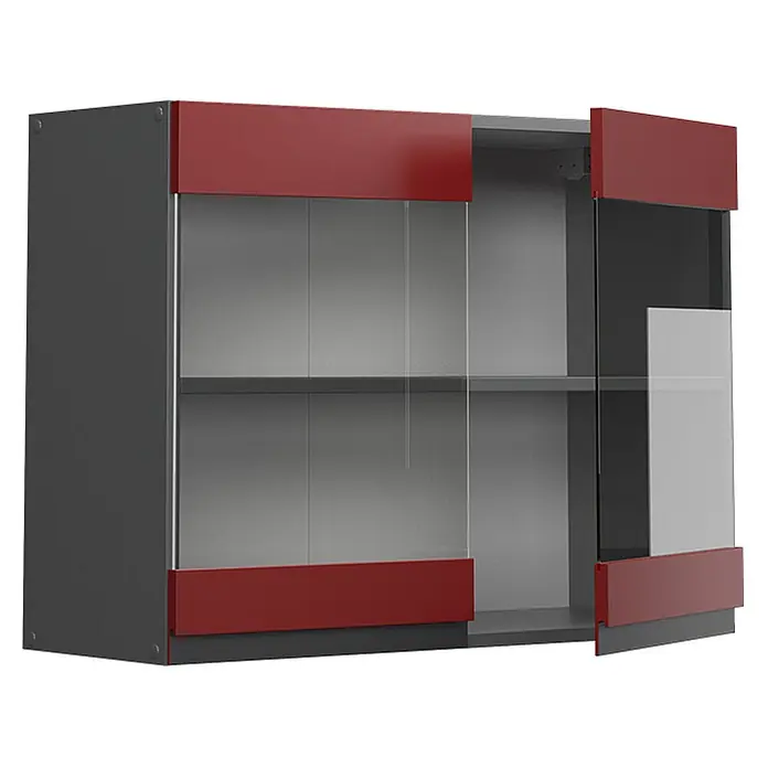 Vicco Schrankküche R-Line Rot J-Shape - Rot, Hängeglasschrank 80 cm grifflos - Dunkelgrauer Wandschrank mit roten Akzenten und Glastüren, eine Tür leicht geöffnet, interne Regale sichtbar.