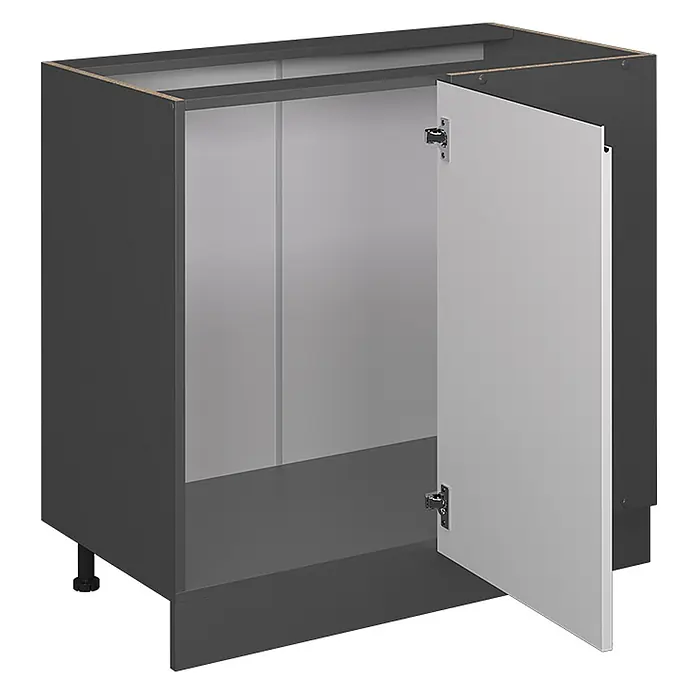 Vicco Schrankküche R-Line Weiß J-Shape, AP Eiche - Weiß, Eckunterschrank 86 cm grifflos AP Eiche - Dunkelgrauer Küchenunterschrank mit einer hellgrauen Tür leicht geöffnet, Blick auf den Innenraum, verstellbare Füße.