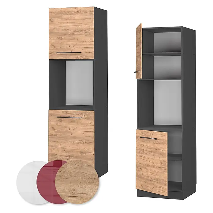 Vicco Schrankküche Fame-Line Goldkraft Eiche offen - Goldkraft Eiche, Herdumbauschrank hoch 60 cm offen - Hoher dunkelgrauer Küchenschrank mit hellen Holzoptik-Türen, teils offen, zeigt Regalböden. Inkl. Materialmuster.