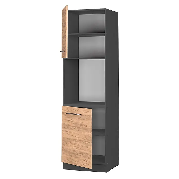 Vicco Schrankküche Fame-Line Goldkraft Eiche offen - Goldkraft Eiche, Herdumbauschrank hoch 60 cm offen - Hoher dunkelgrauer Schrank mit hellen Holzoptik-Türen, die teilweise geöffnet sind und Regale zeigen.
