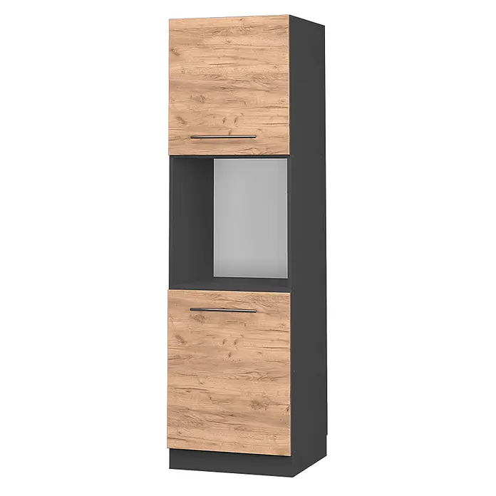 Vicco Schrankküche Fame-Line Goldkraft Eiche offen - Goldkraft Eiche, Herdumbauschrank hoch 60 cm offen - Hoher Küchenschrank in Dunkelgrau mit Holztüren und offener Gerätenische.