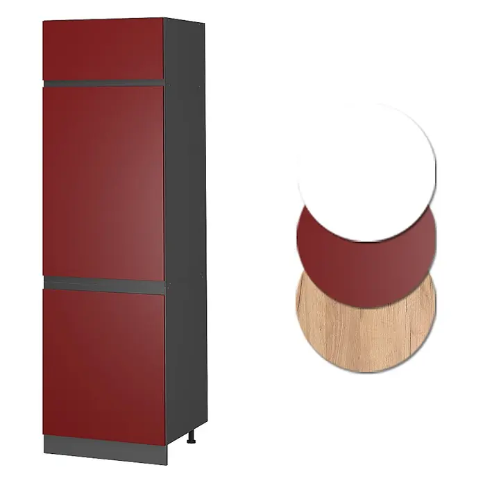 Vicco Schrankküche R-Line Rot J-Shape - Rot, Kühlumbauschrank grifflos - Hoher Schrank mit dunkelgrauem Korpus und roten Türen, mit dunkelgrauem Sockel.