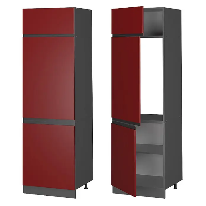 Vicco Schrankküche R-Line Rot J-Shape - Rot, Kühlumbauschrank grifflos - Hoher Schrank in Rot und Dunkelgrau mit mehreren Türen, eine offenbart Fächer und ein großes Gerätefach.