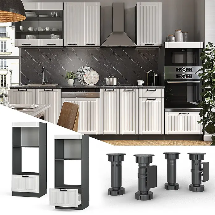 Vicco Schrankküche Fame-Line Weiß Landhaus offen - Weiß Landhaus, Mikrowellenumbauschrank 60 cm (offen) - Weiße gerillte Küchenschränke mit schwarzen Griffen, ein hoher Schrank und verstellbare schwarze Möbelbeine für die Küchenmontage.