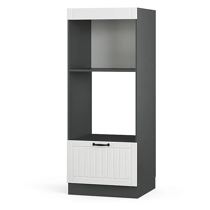 Vicco Schrankküche Fame-Line Weiß Landhaus offen - Weiß Landhaus, Mikrowellenumbauschrank 60 cm (offen) - Hoher Küchenschrank in Dunkelgrau und Weiß, mit offenen Regalen, einer Gerätenische und einer geriffelten Schublade.