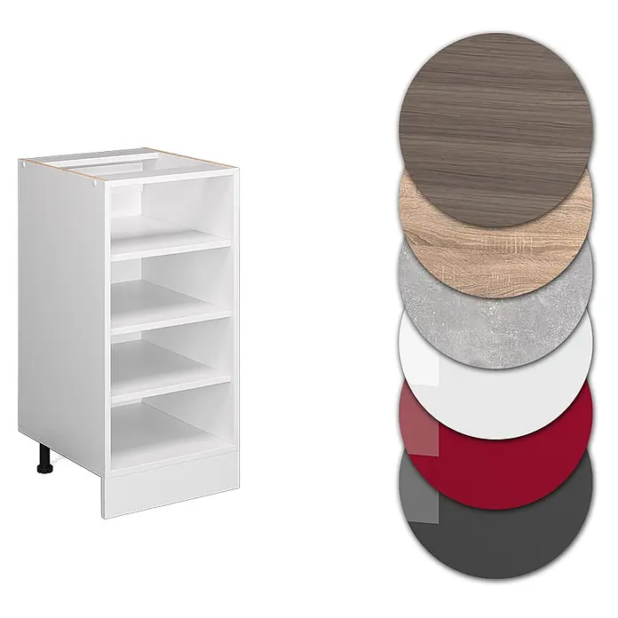 Vicco Schrankküche R-Line Weiß ohne Arbeitsplatte - Weiß, Regalunterschrank 40 cm - Weißer modularer Küchenunterschrank mit Regalböden, daneben Muster verschiedener Materialien zur Individualisierung.
