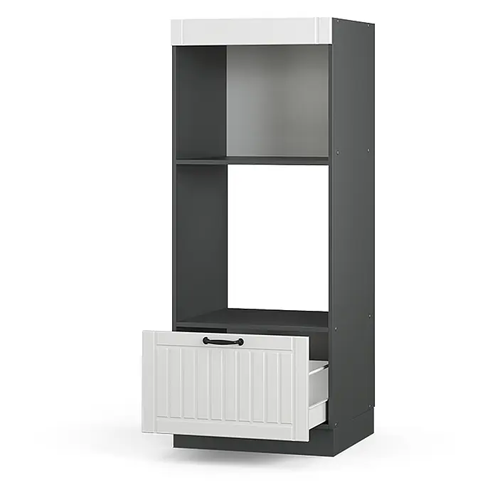 Vicco Schrankküche Fame-Line Weiß Landhaus offen - Weiß Landhaus, Mikrowellenumbauschrank 60 cm (offen) - Dunkelgrauer Schrank mit offenen Fächern und teilweise geöffneter, weiß gerillter Schublade. Weiße Oberplatte.
