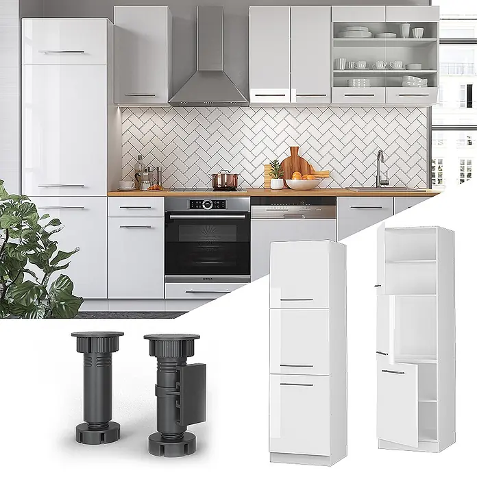 Vicco Schrankküche Fame-Line Weiß Hochglanz - Weiß Hochglanz, Vorratsschrank 60 cm Hoch - Moderne weiße Hochglanz-Küchenschränke mit verstellbaren Füßen.