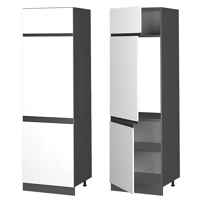Vicco Schrankküche R-Line Weiß J-Shape - Weiß, Kühlumbauschrank grifflos - Hoher Schrank in Weiß und Dunkelgrau, geschlossen und geöffnet mit Regalen und Geräteraum.