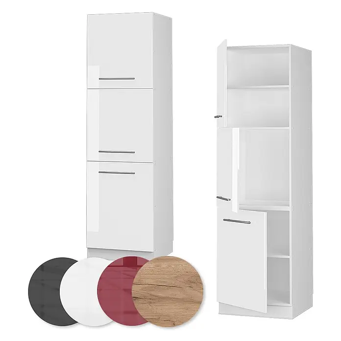 Vicco Schrankküche Fame-Line Weiß Hochglanz - Weiß Hochglanz, Vorratsschrank 60 cm Hoch - Hoher, weißer Hochglanz-Vorratschrank mit offenen und geschlossenen Ansichten. Erhältlich in Schwarz, Weiß, Burgunder und Holzoptik.