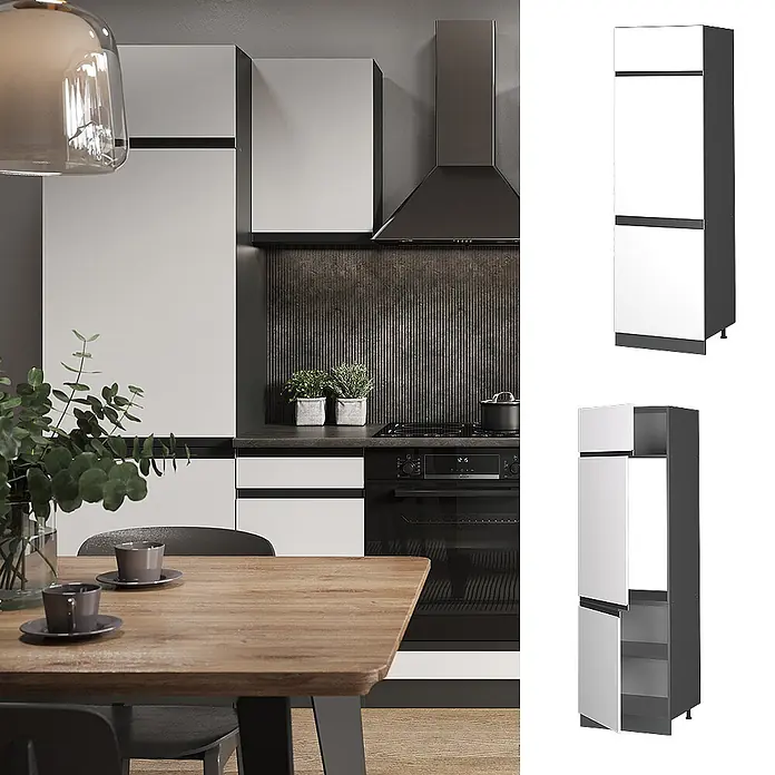 Vicco Schrankküche R-Line Weiß J-Shape - Weiß, Kühlumbauschrank grifflos - Hoher weiß-schwarzer Küchenschrank mit mehreren Türen, geschlossen und offen mit Innenablagen gezeigt.