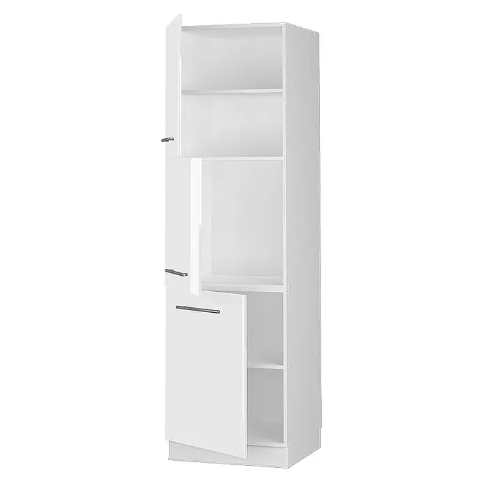 Vicco Schrankküche Fame-Line Weiß Hochglanz - Weiß Hochglanz, Vorratsschrank 60 cm Hoch - Weißer Hochschrank mit drei offenen Türen und Innenfächern.