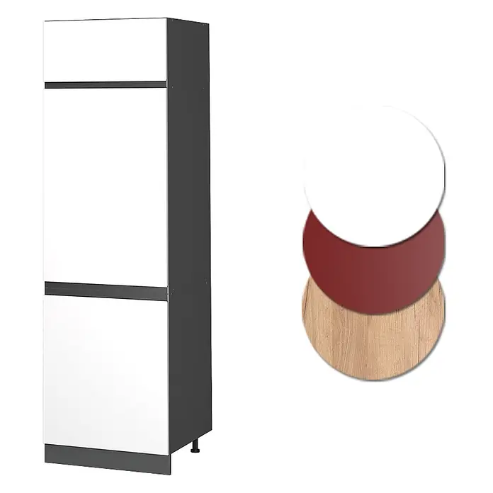 Vicco Schrankküche R-Line Weiß J-Shape - Weiß, Kühlumbauschrank grifflos - Hoher Schrank mit weißen Türen, dunkelgrauem Rahmen und Griffen. Farbmuster: Weiß, Rotbraun, helles Holz.