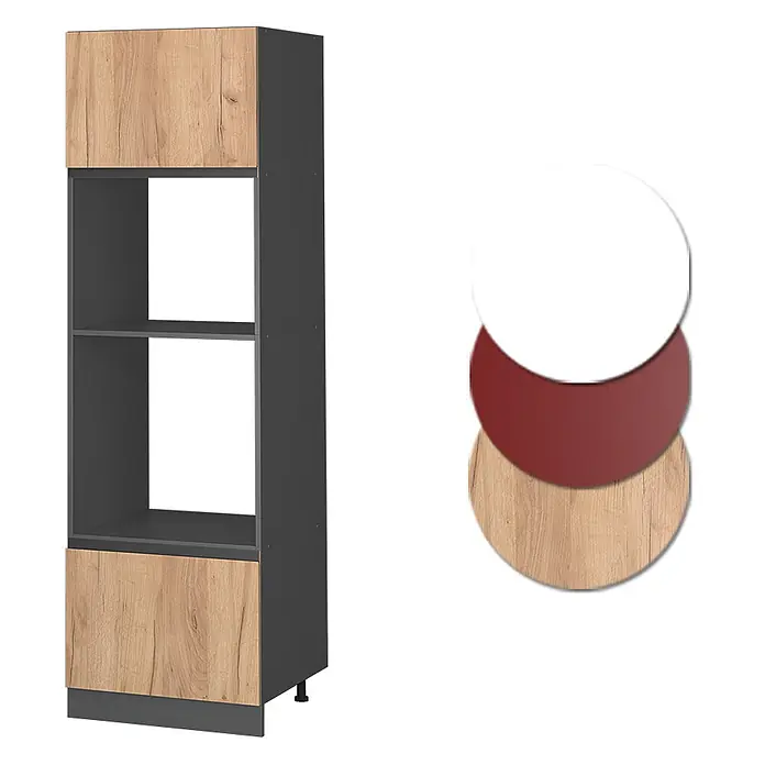 Vicco Schrankküche R-Line Goldkraft Eiche J-Shape - Goldkraft Eiche, Mikrowellenschrank grifflos - Hoher dunkelgrauer Küchenschrank mit zwei hellen Holzdekor-Türen und zwei offenen Fächern, geeignet für Geräte.