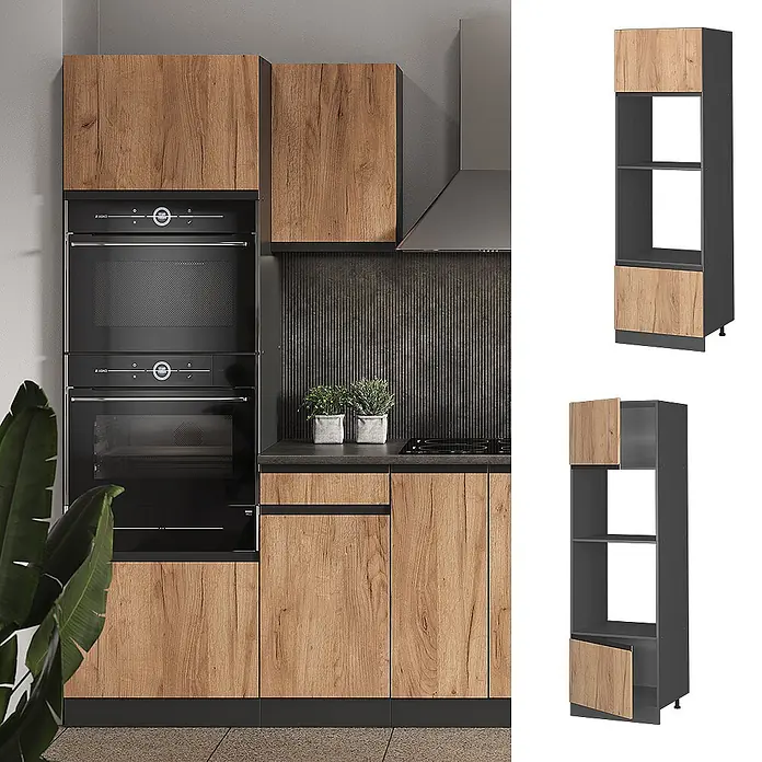 Vicco Schrankküche R-Line Goldkraft Eiche J-Shape - Goldkraft Eiche, Mikrowellenschrank grifflos - Küchenschrank mit Holzdekorfronten und dunkelgrauem Korpus, mit Stauraum und Ofeneinbaumöglichkeiten.