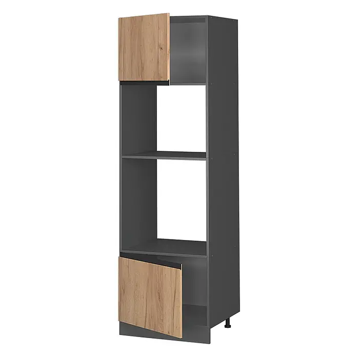 Vicco Schrankküche R-Line Goldkraft Eiche J-Shape - Goldkraft Eiche, Mikrowellenschrank grifflos - Hoher, dunkelgrauer Küchenschrank mit zwei hellen Holztüren (oben und unten) und offenen Regalfächern in der Mitte.