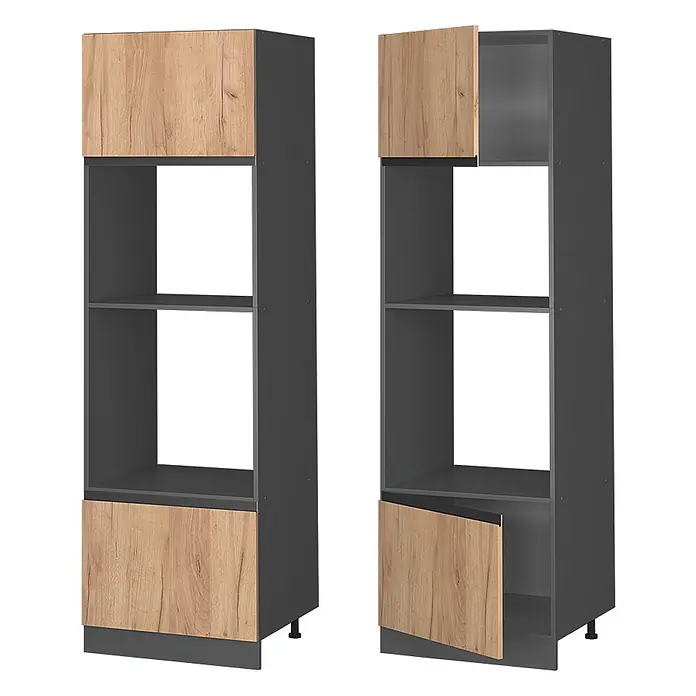 Vicco Schrankküche R-Line Goldkraft Eiche J-Shape - Goldkraft Eiche, Mikrowellenschrank grifflos - Hoher dunkelgrauer Küchenschrank mit hellen Holzoptik-Türen und offenen Mittelfächern.