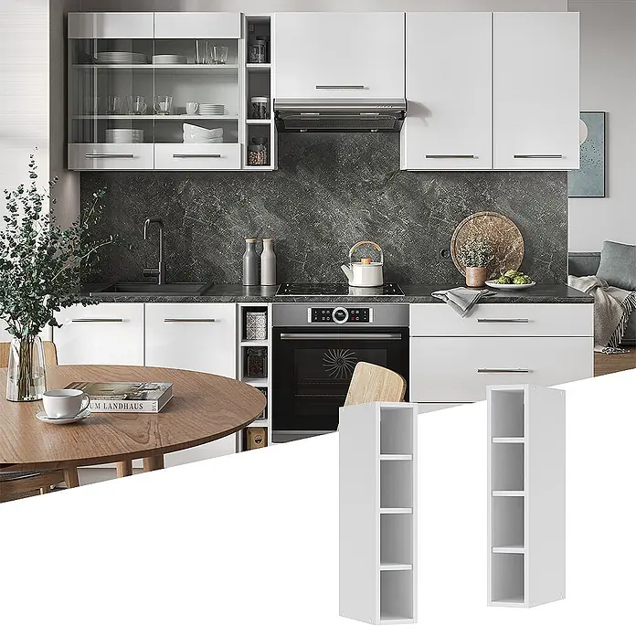 Vicco Schrankküche Fame-Line Weiß - Weiß, Regalhängeschrank 15 cm - Weiße offene Küchenregale mit mehreren Fächern, ideal zur Aufbewahrung und Organisation in einer modernen Küche.