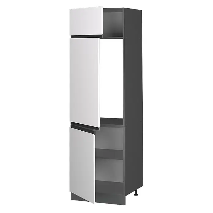 Vicco Schrankküche R-Line Weiß J-Shape - Weiß, Kühlumbauschrank grifflos - Hoher Küchenschrank mit dunkelgrauem Korpus, weißen Türen mit integrierten Griffen und offenem Fach für Einbaugerät.