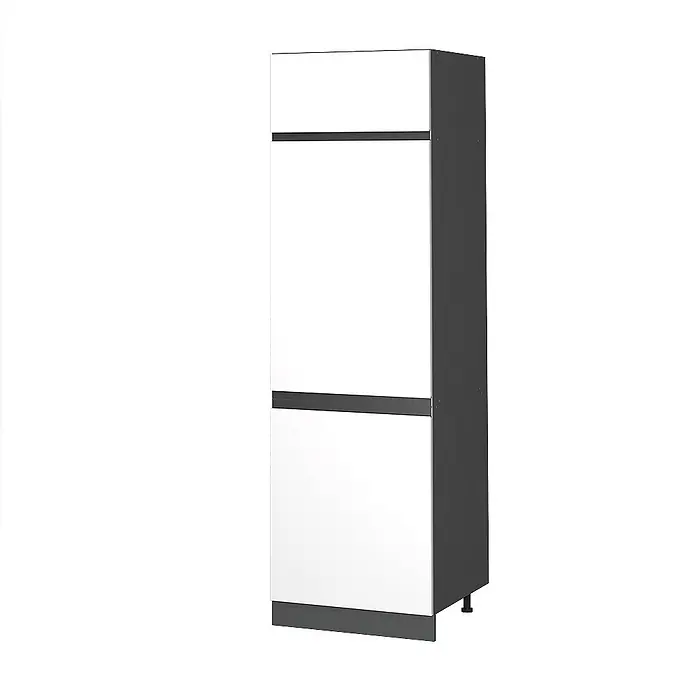 Vicco Schrankküche R-Line Weiß J-Shape - Weiß, Kühlumbauschrank grifflos - Hoher weiß-dunkelgrauer Schrank mit horizontalen Akzentleisten.
