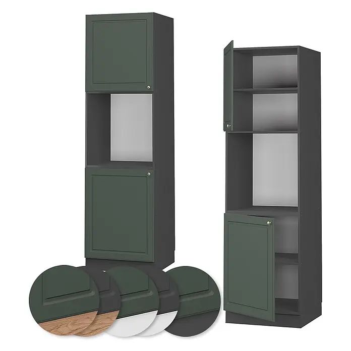 Vicco Schrankküche Fame-Line Grün-Gold Landhaus offen - Grün-Gold Landhaus, Herdumbauschrank hoch 60 cm offen - Zwei dunkelgrüne und dunkelgraue Hochschränke, einer offen, mit Materialmustern.