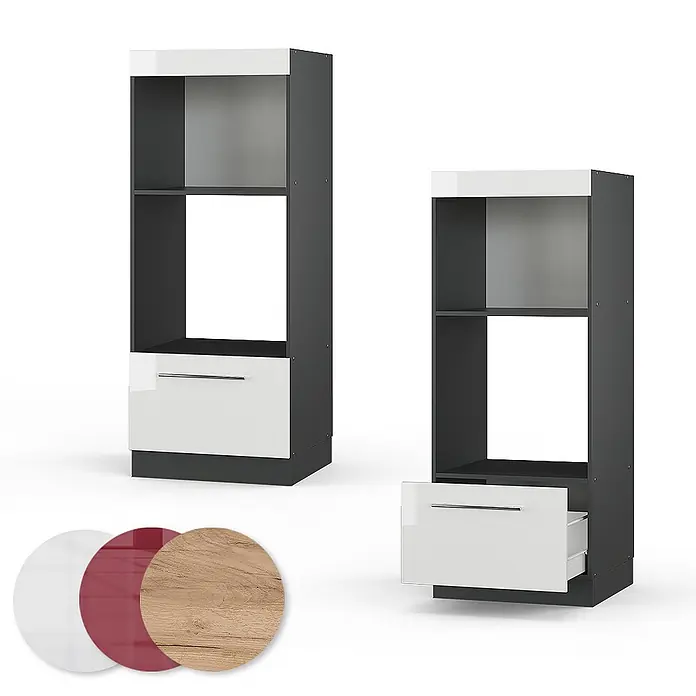 Vicco Schrankküche Fame-Line Weiß Hochglanz offen - Weiß Hochglanz, Mikrowellenumbauschrank 60 cm (offen) - Zwei hohe, dunkelgraue Schränke mit weißen Oberteilen und glänzenden weißen Schubladenfronten, eine davon offen. Enthält Muster für weiße, rote und Holzmaserungsfronten.