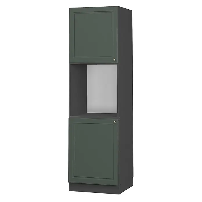 Vicco Schrankküche Fame-Line Grün-Gold Landhaus offen - Grün-Gold Landhaus, Herdumbauschrank hoch 60 cm offen - Hoher dunkelgrüner und grauer Schrank mit zwei Türen und offenem Mittelfach für Backofen oder Mikrowelle.