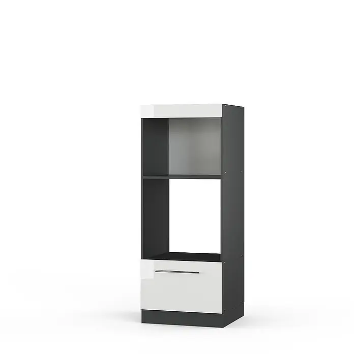 Vicco Schrankküche Fame-Line Weiß Hochglanz offen - Weiß Hochglanz, Mikrowellenumbauschrank 60 cm (offen) - Hoher Küchenschrank in Dunkelgrau und glänzendem Weiß mit offenen Regalen, Geräteeinsatz und Schublade.