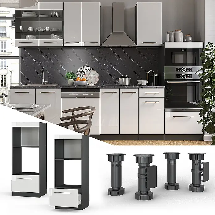 Vicco Schrankküche Fame-Line Weiß Hochglanz offen - Weiß Hochglanz, Mikrowellenumbauschrank 60 cm (offen) - Moderne weiße Hochglanz-Küchenschränke mit dunklen Arbeitsplatten, integrierten Geräten und passenden modularen Regalen. Inklusive verstellbarer schwarzer Schrankfüße.