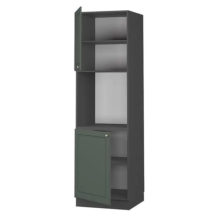 Vicco Schrankküche Fame-Line Grün-Gold Landhaus offen - Grün-Gold Landhaus, Herdumbauschrank hoch 60 cm offen - Hoher dunkelgrauer Schrank mit zwei waldgrünen Paneeltüren und offenen Fächern. Türen oben und unten links sind offen.