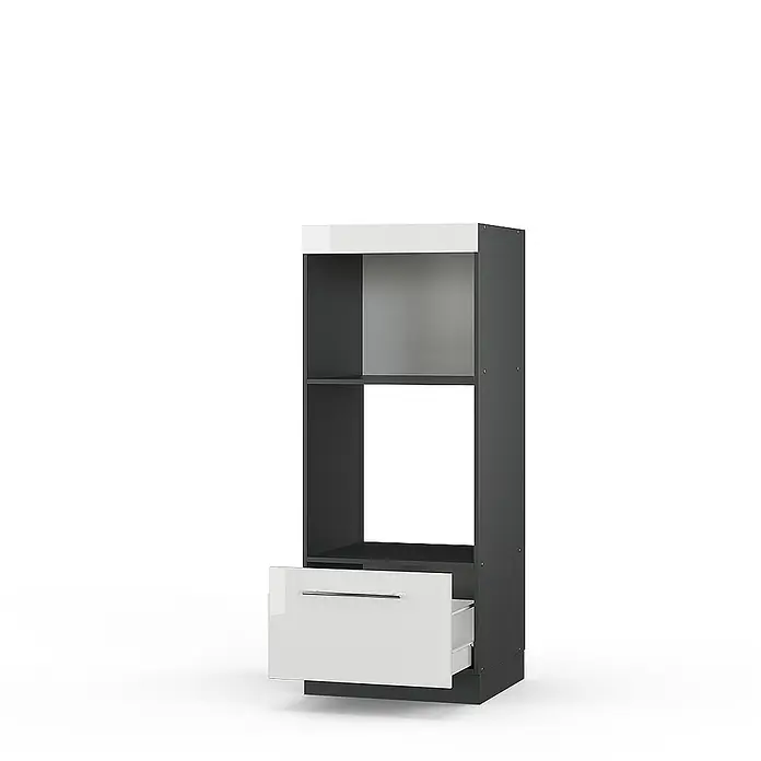 Vicco Schrankküche Fame-Line Weiß Hochglanz offen - Weiß Hochglanz, Mikrowellenumbauschrank 60 cm (offen) - Hoher dunkelgrau-weißer Schrank mit zwei offenen Fächern und einer glänzenden weißen Schublade mit Silbergriff, leicht geöffnet.