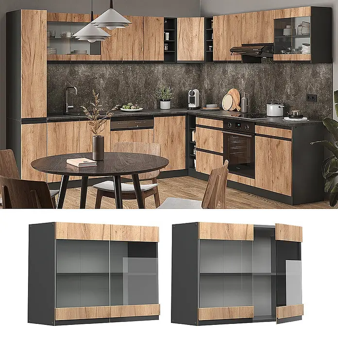 Vicco Schrankküche R-Line Goldkraft Eiche J-Shape - Goldkraft Eiche, Hängeglasschrank 80 cm grifflos - Wandhängender Schrank mit dunkelgrauem Korpus, Holzapplikationen und zwei Glasschiebetüren.