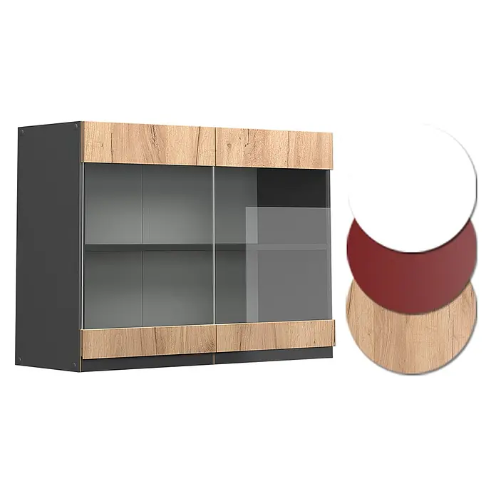 Vicco Schrankküche R-Line Goldkraft Eiche J-Shape - Goldkraft Eiche, Hängeglasschrank 80 cm grifflos - Dunkelgrauer Schrank mit Holzleisten und Glasschiebetüren, dazu weiße, rote und Holz-Farbmuster.