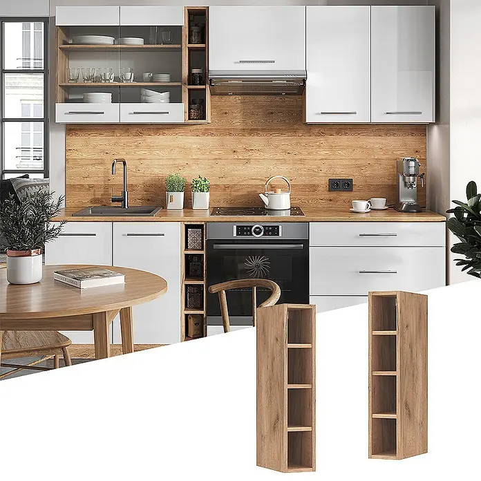 Vicco Schrankküche Fame-Line Goldkraft Eiche - Goldkraft Eiche, Regalhängeschrank 15 cm - Schmales Küchenregal aus hellem Holz für Gewürze oder Flaschen, neben einem Ofen integriert.