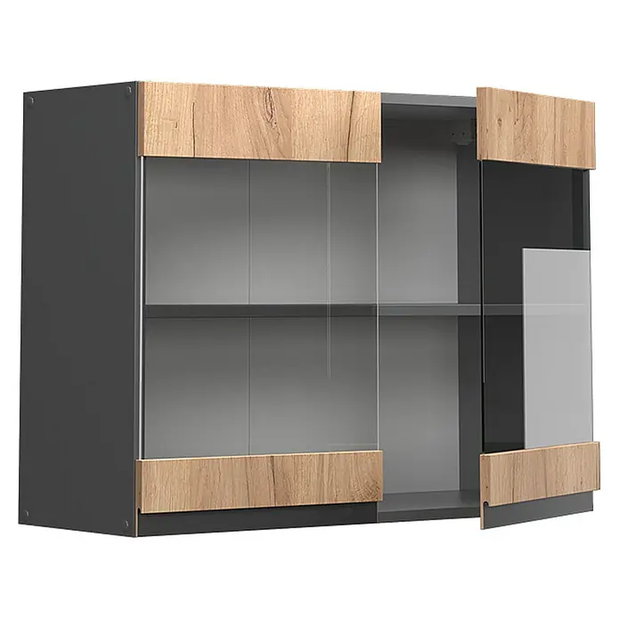 Vicco Schrankküche R-Line Goldkraft Eiche J-Shape - Goldkraft Eiche, Hängeglasschrank 80 cm grifflos - Dunkelgrauer Wandschrank mit Glastüren und Holz-Akzenten. Innenfächer sichtbar.