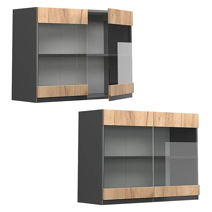 Vicco Schrankküche R-Line Goldkraft Eiche J-Shape - Goldkraft Eiche, Hängeglasschrank 80 cm grifflos - Zwei dunkelgraue Hängeschränke mit Naturholzleisten und klaren Glastüren, einer offen mit Innenregalen.