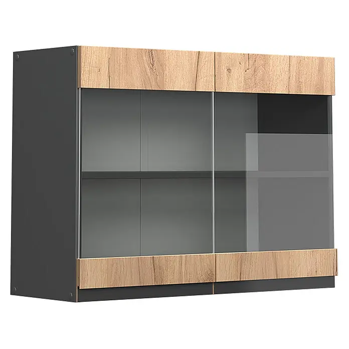 Vicco Schrankküche R-Line Goldkraft Eiche J-Shape - Goldkraft Eiche, Hängeglasschrank 80 cm grifflos - Moderner dunkelgrauer Schrank mit heller Holzmaserung und zwei klaren Glasschiebetüren, die Regalböden zeigen.
