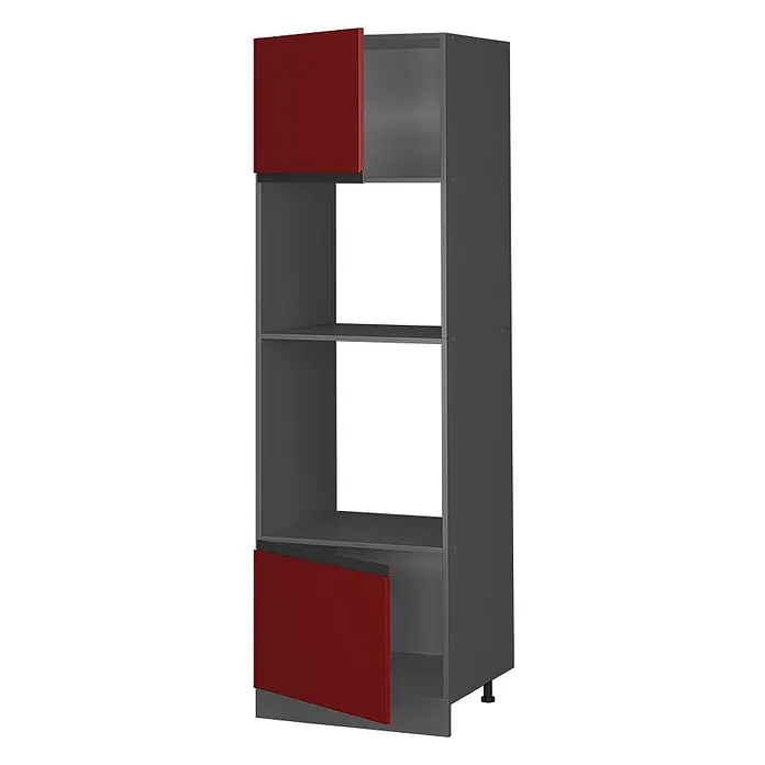 Vicco Mikrowellenschrank R-Line, Rot, 60 cm -  - Hoher dunkelgrauer Küchenschrank mit zwei roten Türen (oben und unten) und zwei offenen Ablagen für Geräte.