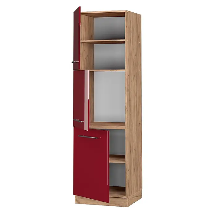 Vicco Schrankküche Fame-Line Bordeaux Hochglanz - Bordeaux Hochglanz, Vorratsschrank 60 cm Hoch - Hoher Schrank in Holzoptik mit glänzenden roten Türen und offenen Fächern, einige Türen offen.