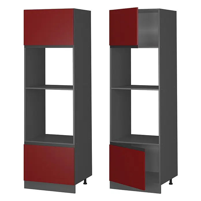 Vicco Mikrowellenschrank R-Line, Rot, 60 cm -  - Zwei hohe graue Küchenschränke mit roten Türen, einer geschlossen, der andere offen, mit Einlegeböden für Geräte.